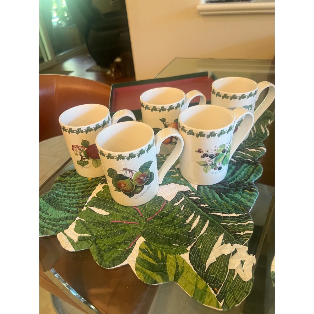 Portmeirion Pomona Coffee Mugs Set of 6 Botanical Fruit Ceramic White 4.5 inch